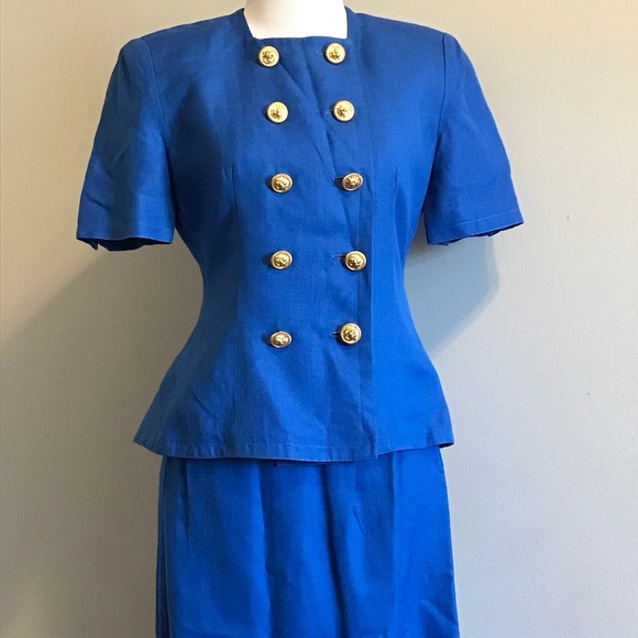 Vintage 80s Adele Simpson Bright Blue 2 piece Suit - Picture 1 of 8